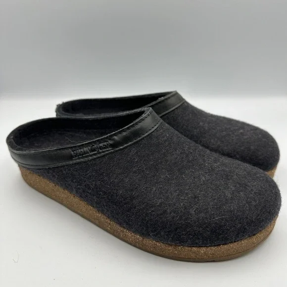 Haflinger Grizzly Wool Clogs Charcoal Grey Cork Sole Leather Shoes W9 M7 EU 40 - Picture 2 of 11